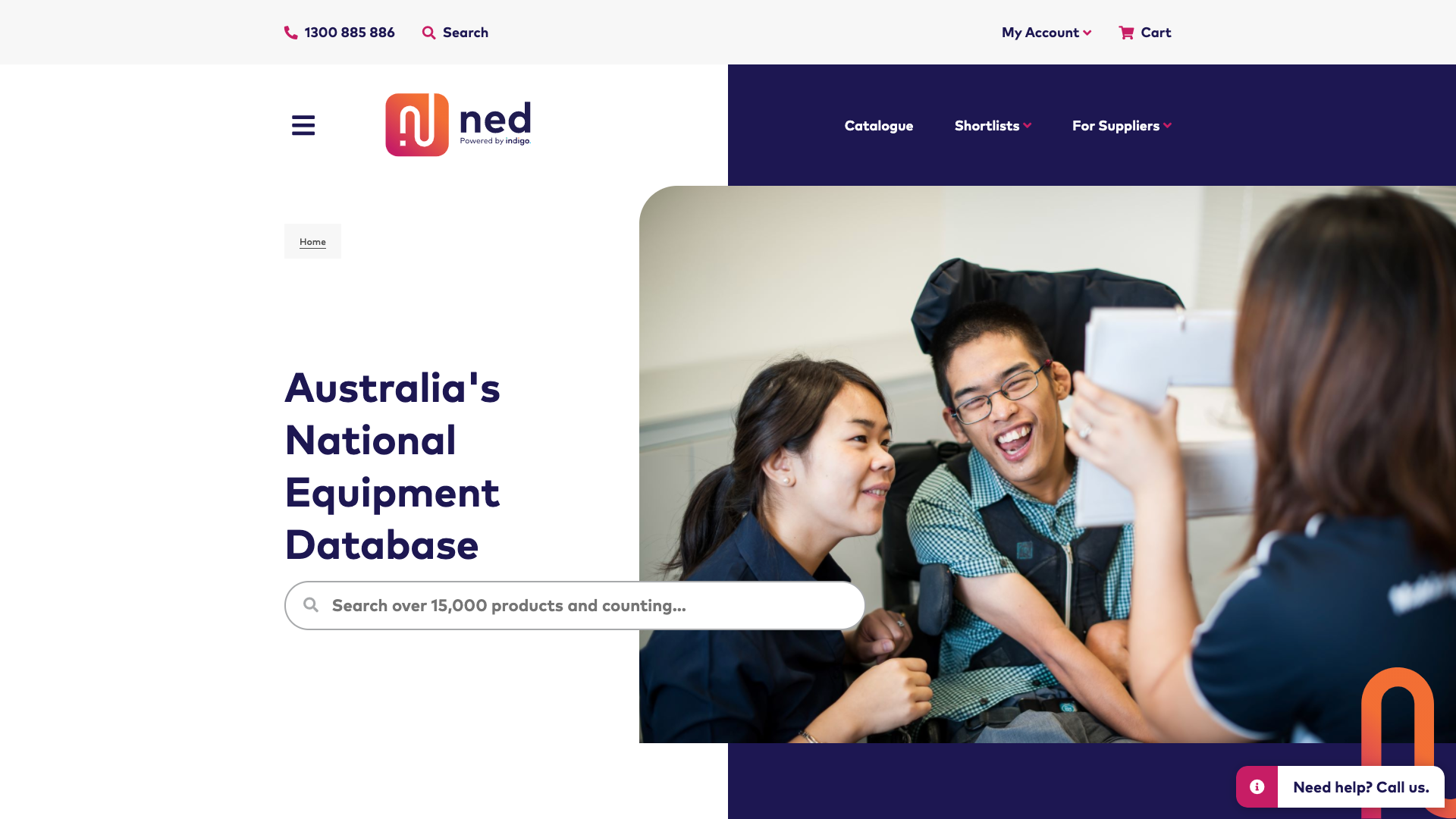 The homepage for Indigo's National Equipment Database, with a large banner image and a central search bar