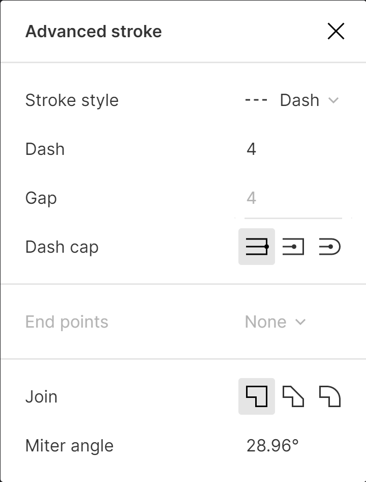 A screenshot of Figma's dashed border controls. Featuring stroke style, dash length, gap length, dash cap type, join type and miter angle.